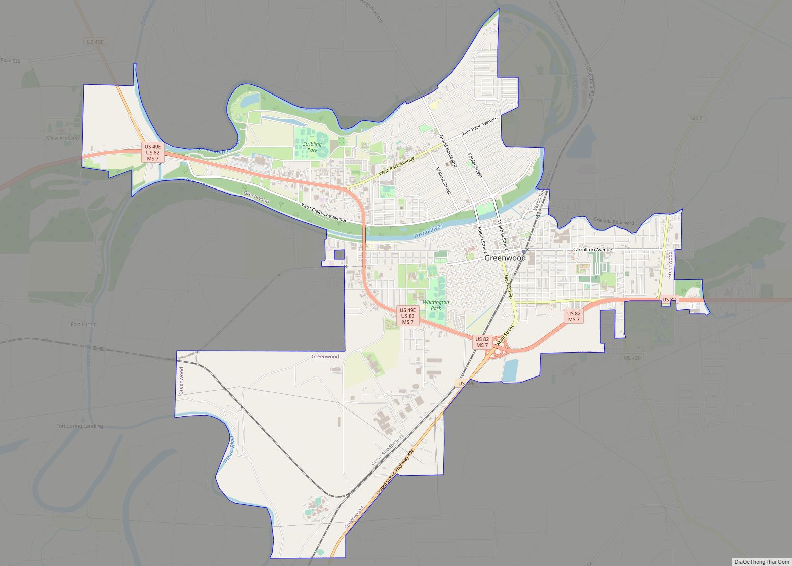 Map of Greenwood city, Mississippi