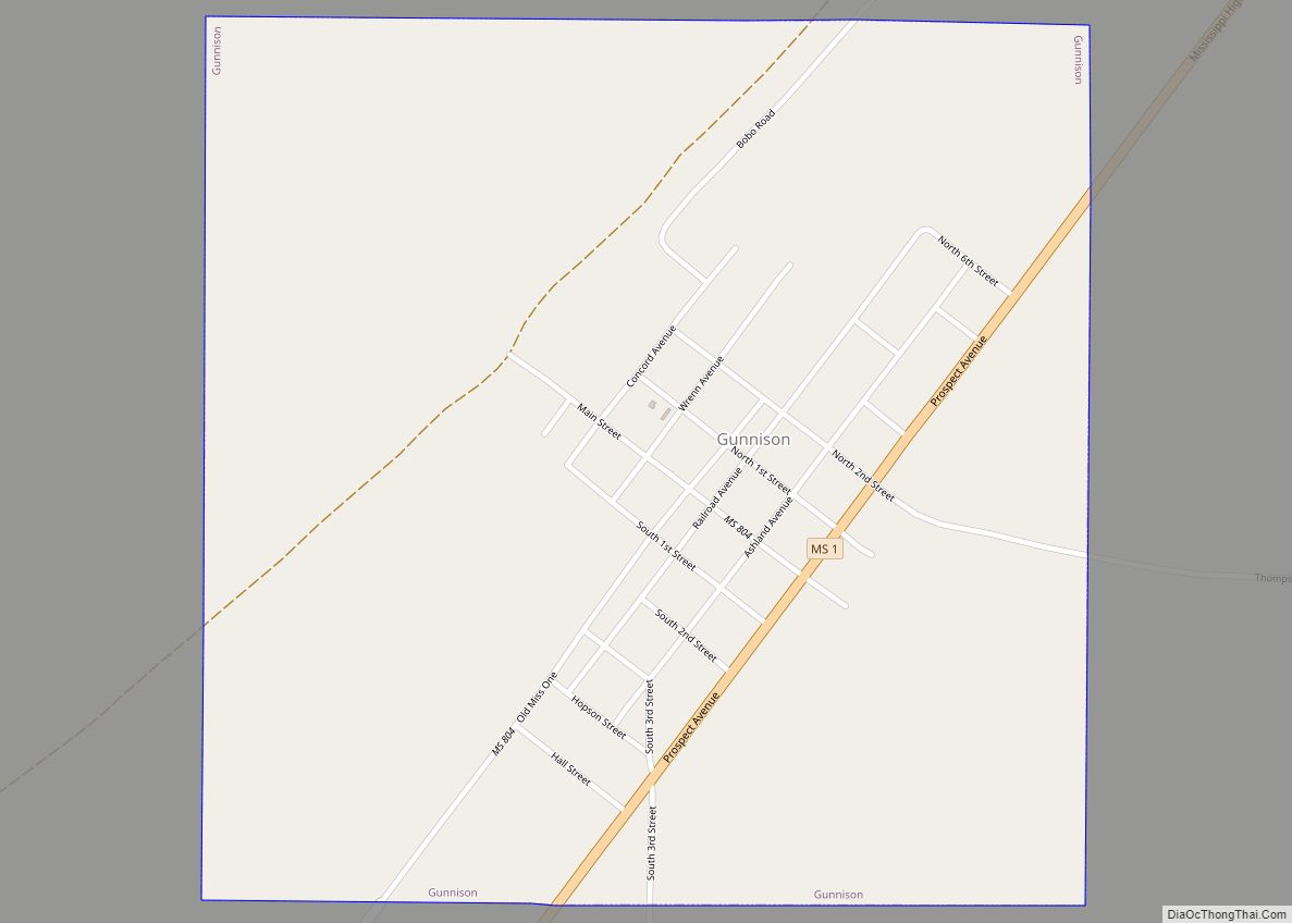 Map of Gunnison town, Mississippi
