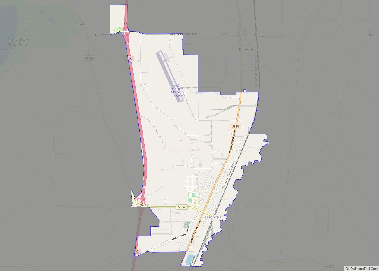 Map of Magnolia city, Mississippi
