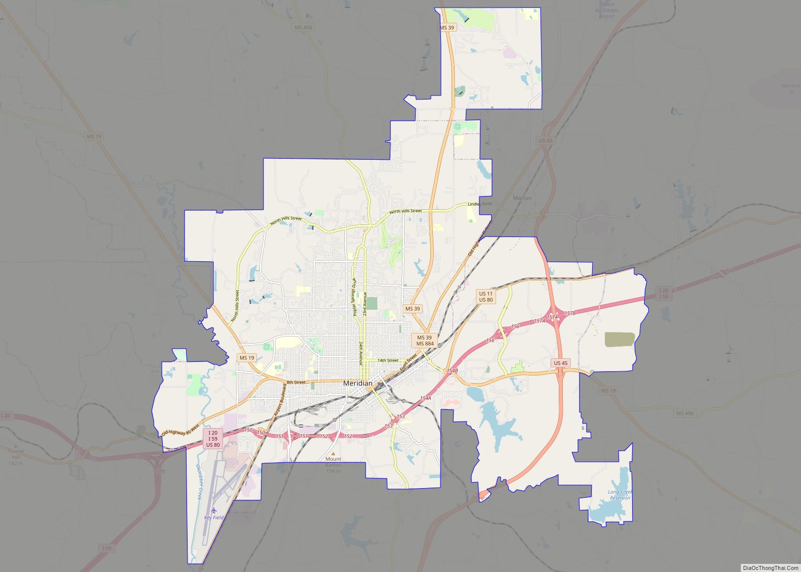 Map of Meridian city, Mississippi