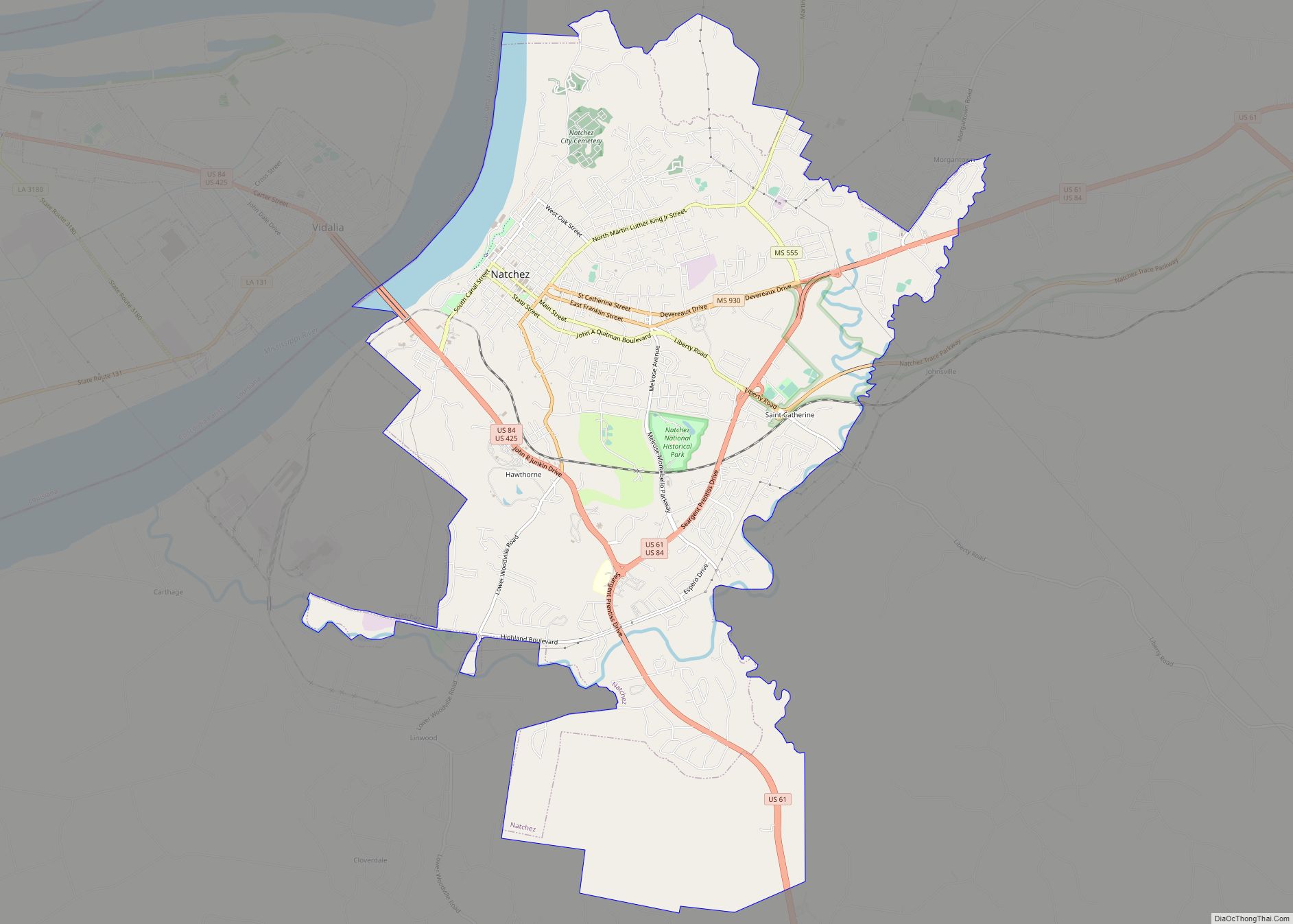 Map of Natchez city, Mississippi