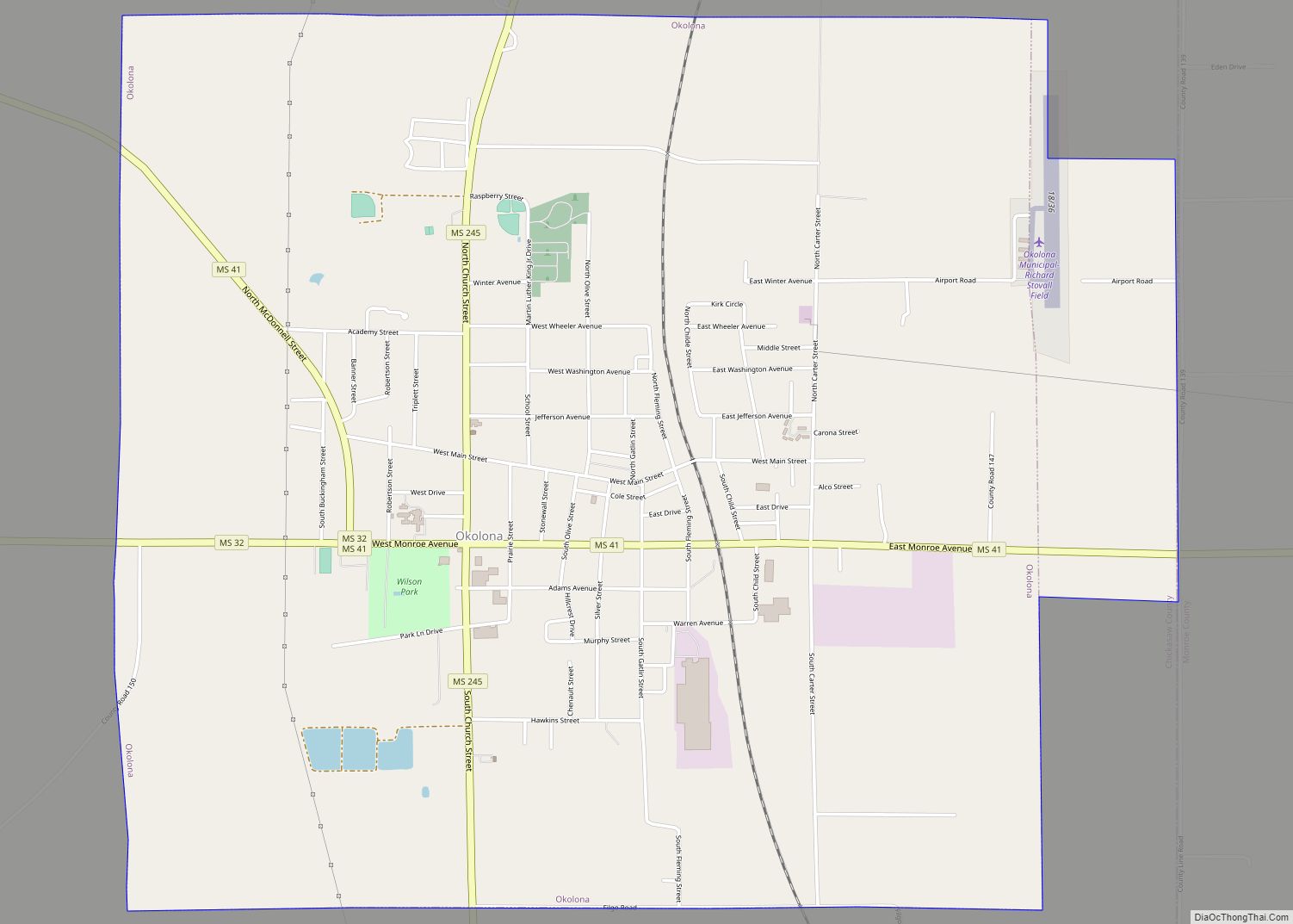 Map of Okolona city, Mississippi