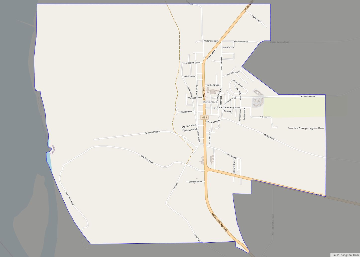 Map of Rosedale city, Mississippi