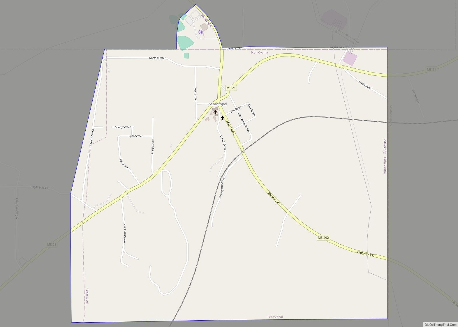 Map of Sebastopol town, Mississippi