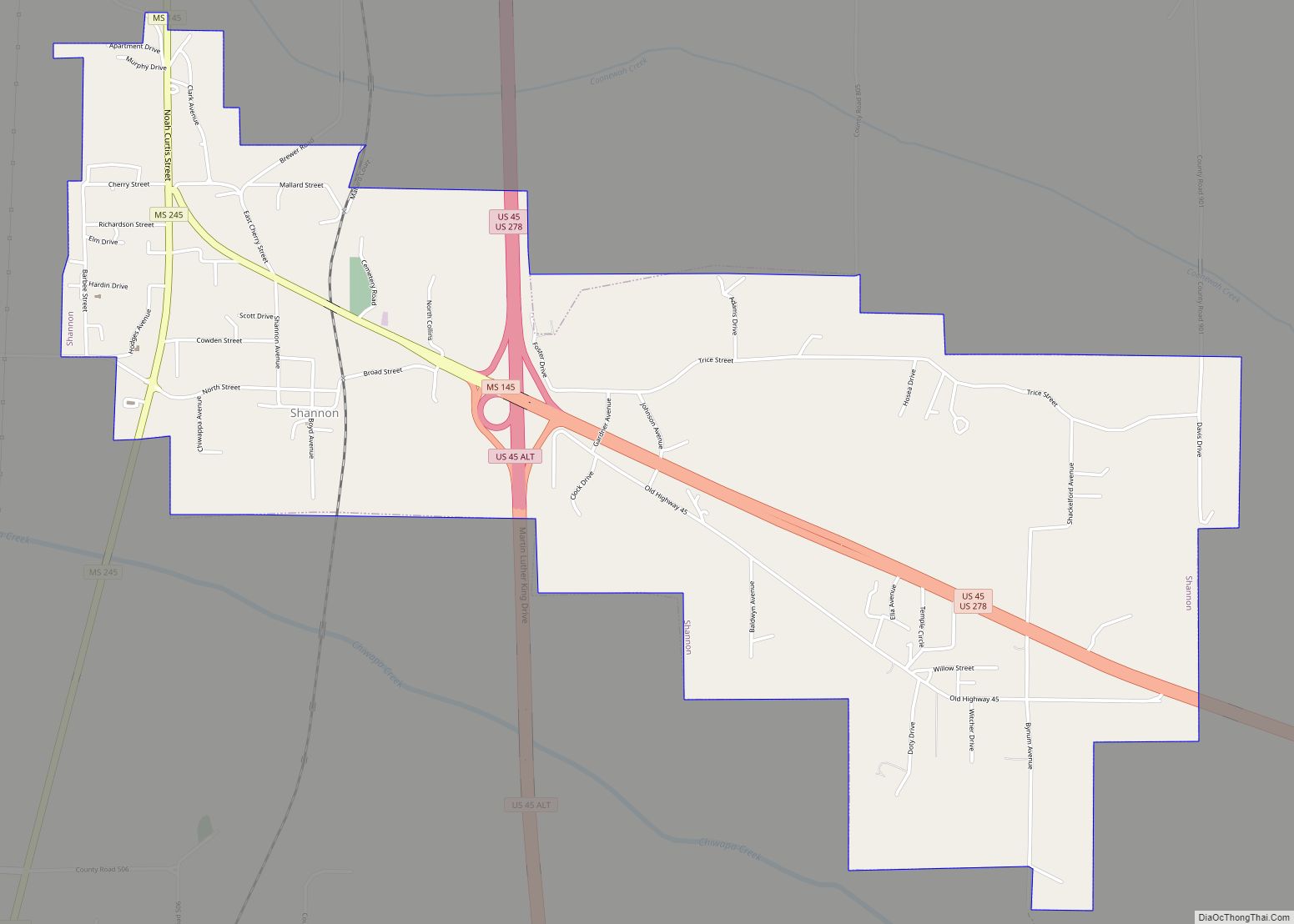Map of Shannon town, Mississippi