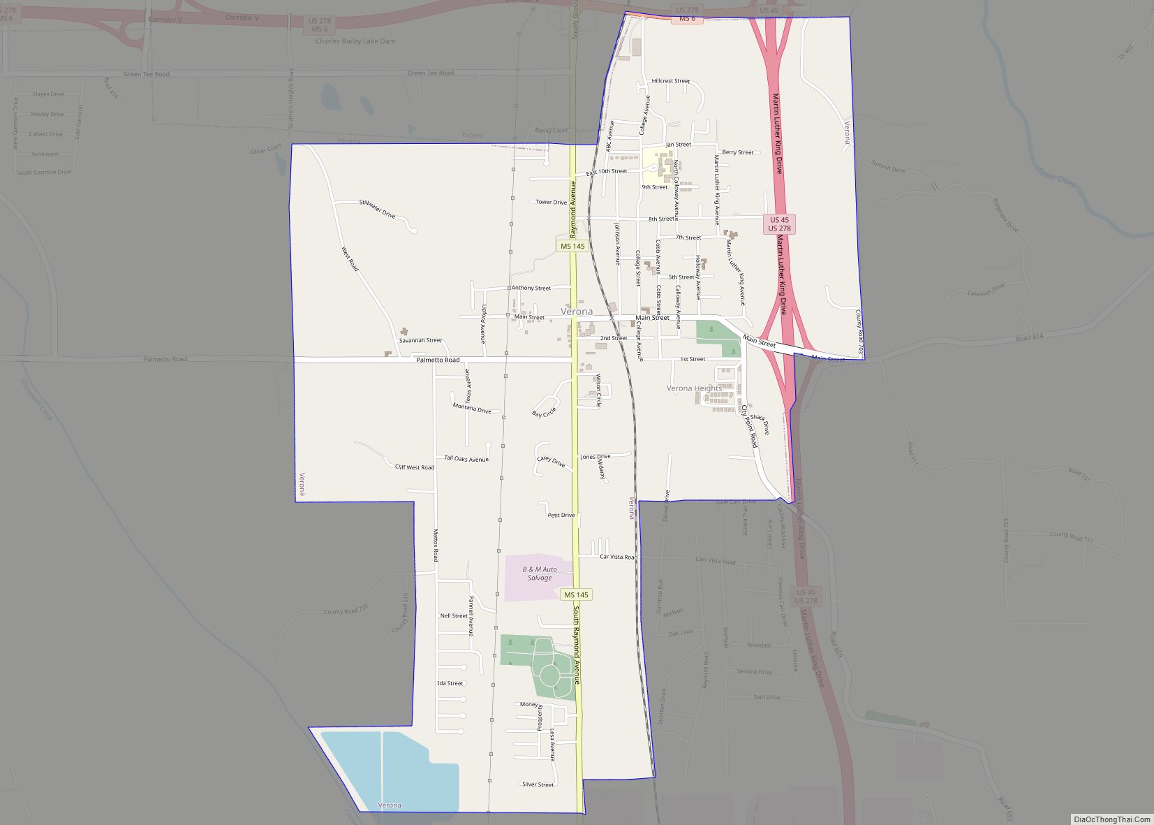 Map of Verona city, Mississippi
