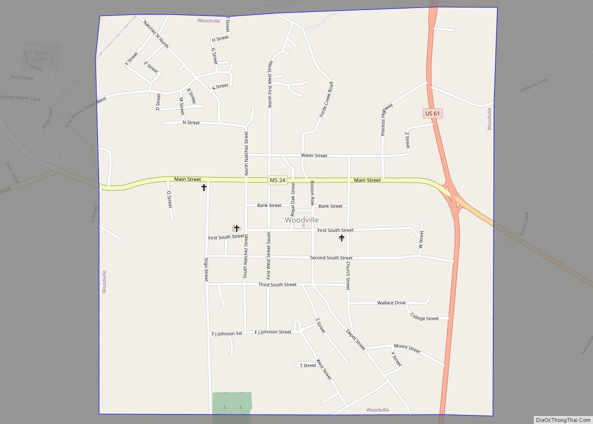Map of Woodville town, Mississippi