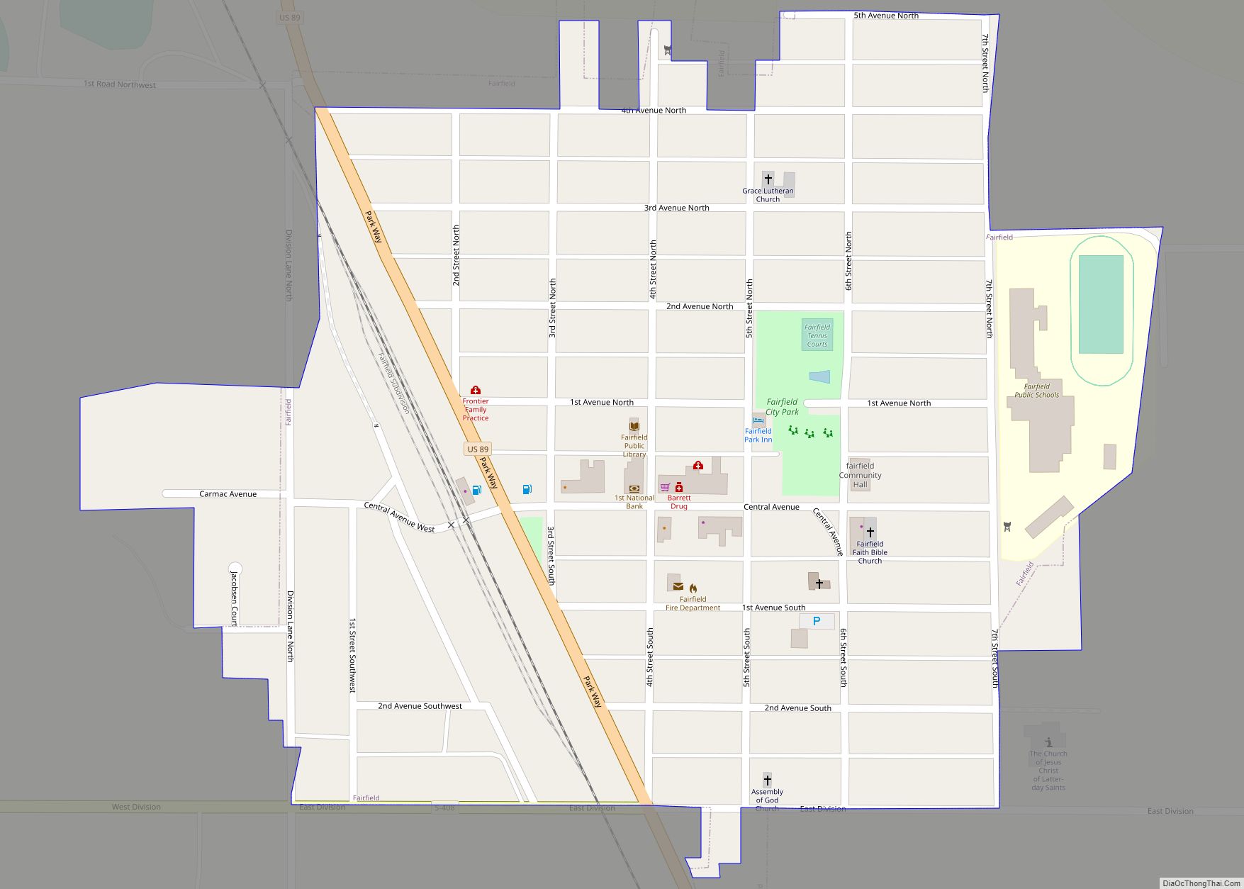 Map of Fairfield town, Montana