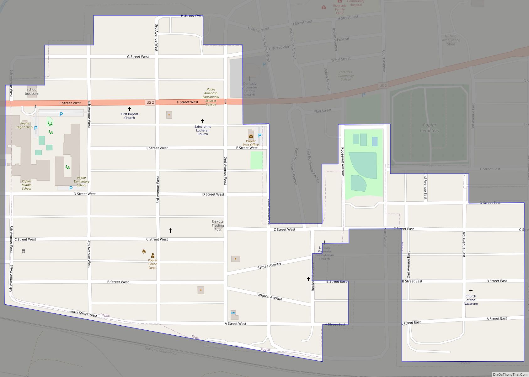 Map of Poplar city, Montana