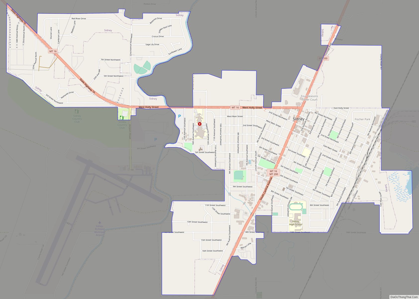 Map of Sidney city, Montana