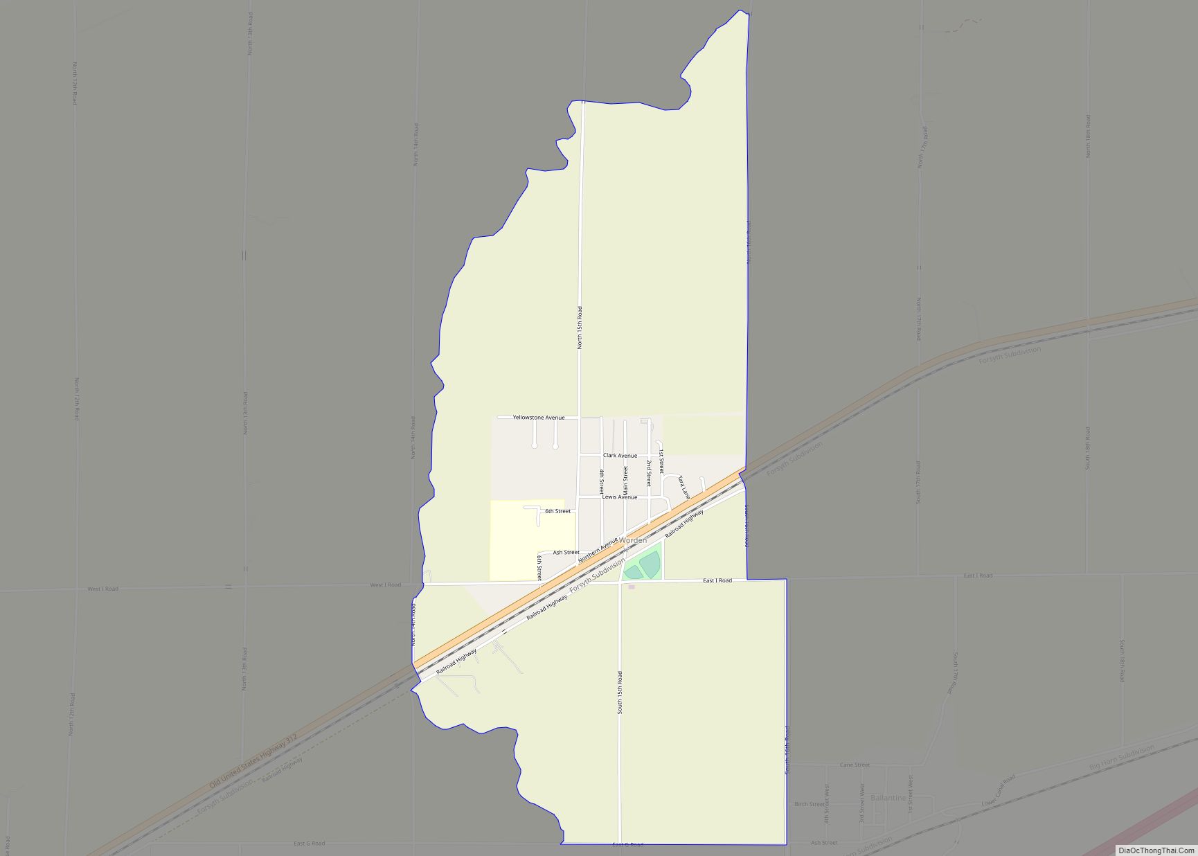 Map of Worden CDP, Montana