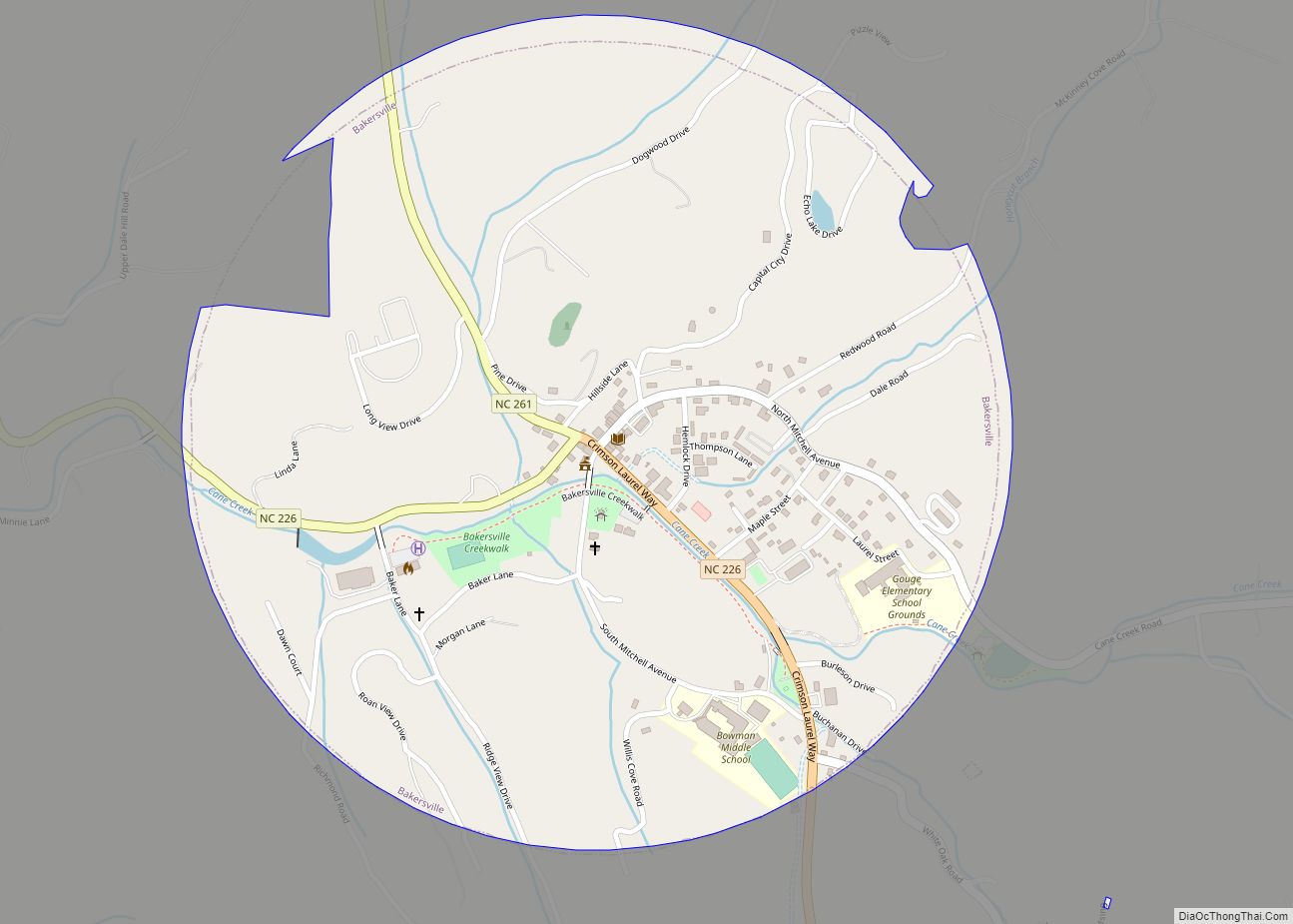 Map of Bakersville town, North Carolina