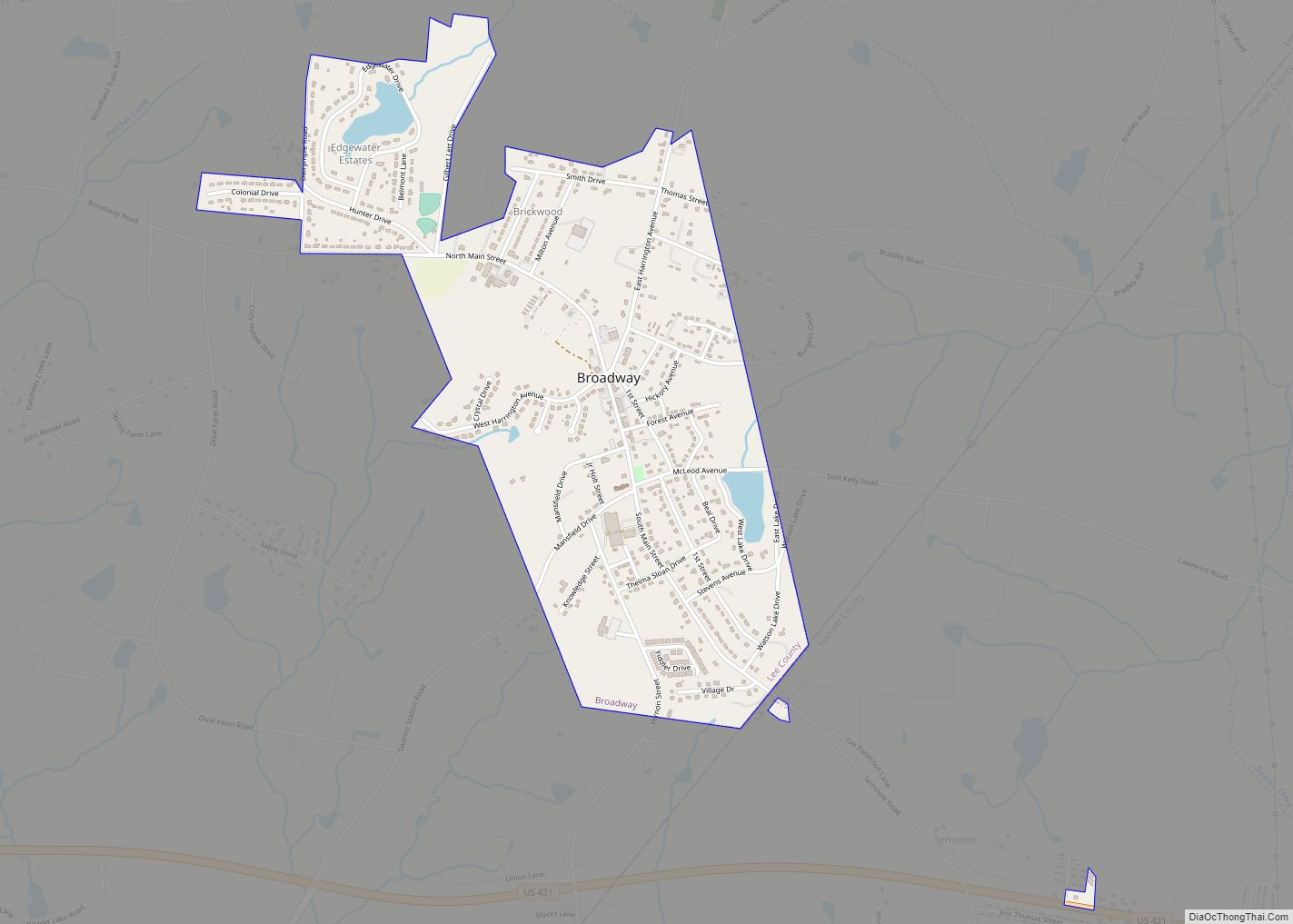 Map of Broadway town, North Carolina