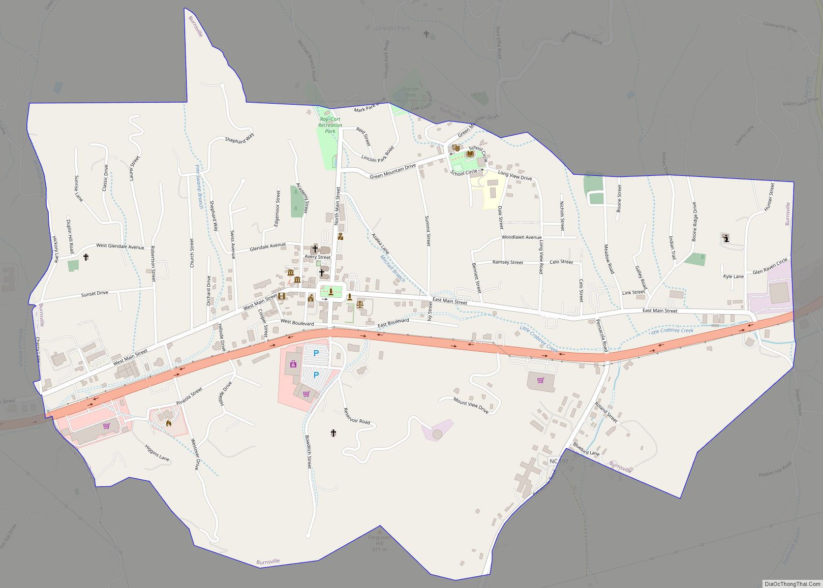 Map of Burnsville town, North Carolina