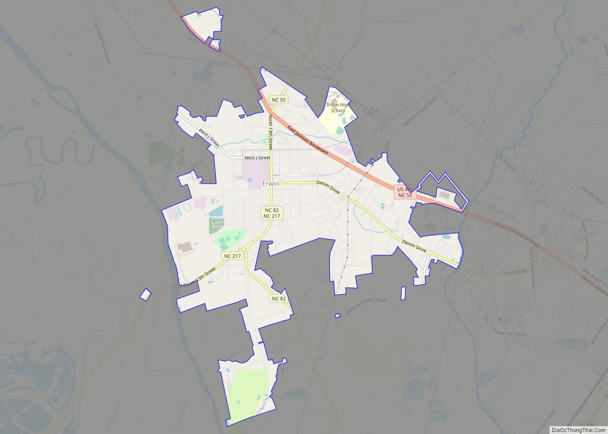 Map of Erwin town, North Carolina