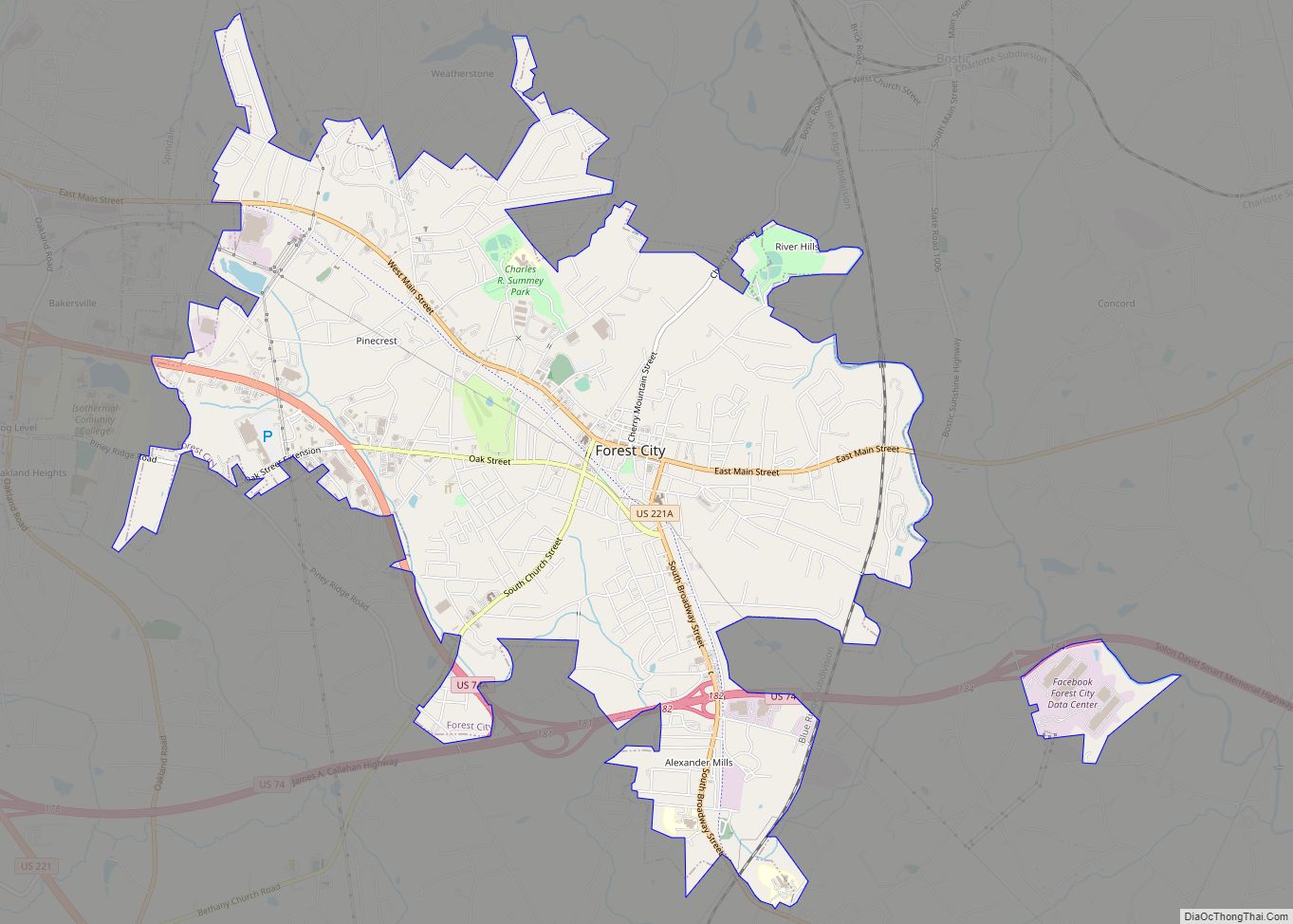 Map of Forest City town, North Carolina