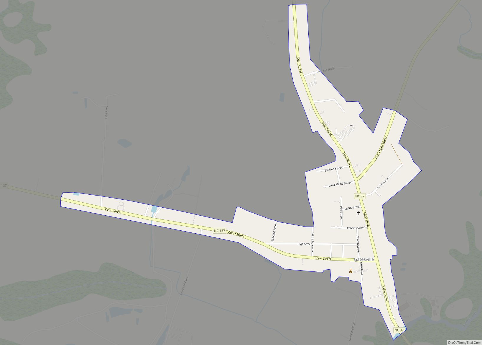 Map of Gatesville town, North Carolina