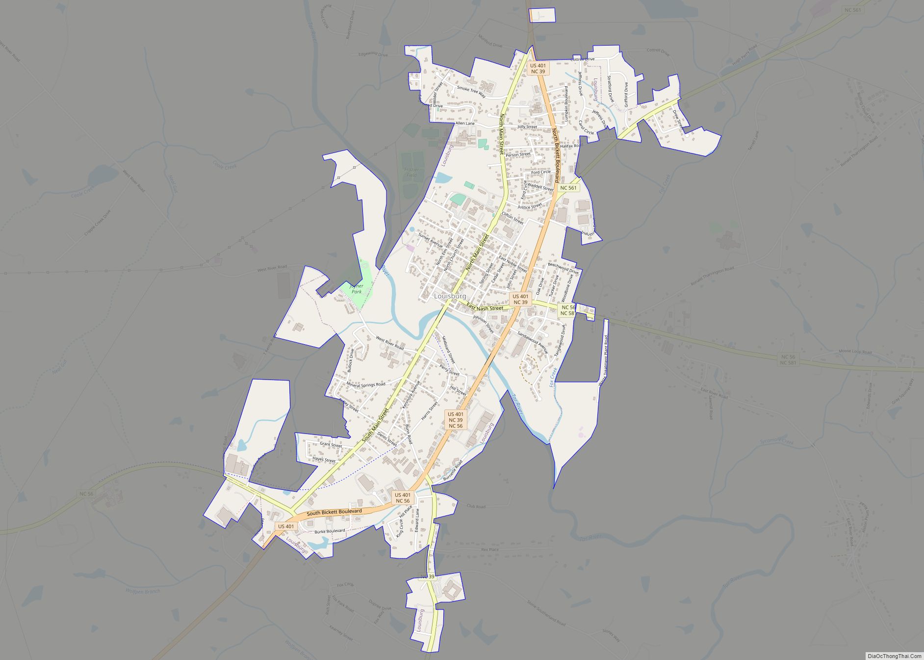 Map of Louisburg town, North Carolina