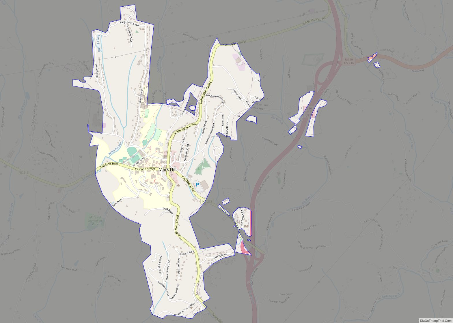 Map of Mars Hill town, North Carolina