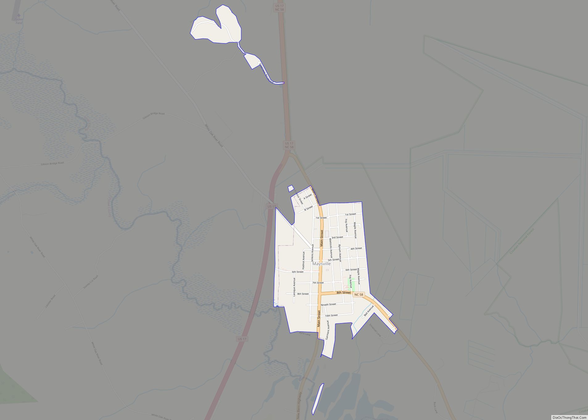 Map of Maysville town, North Carolina