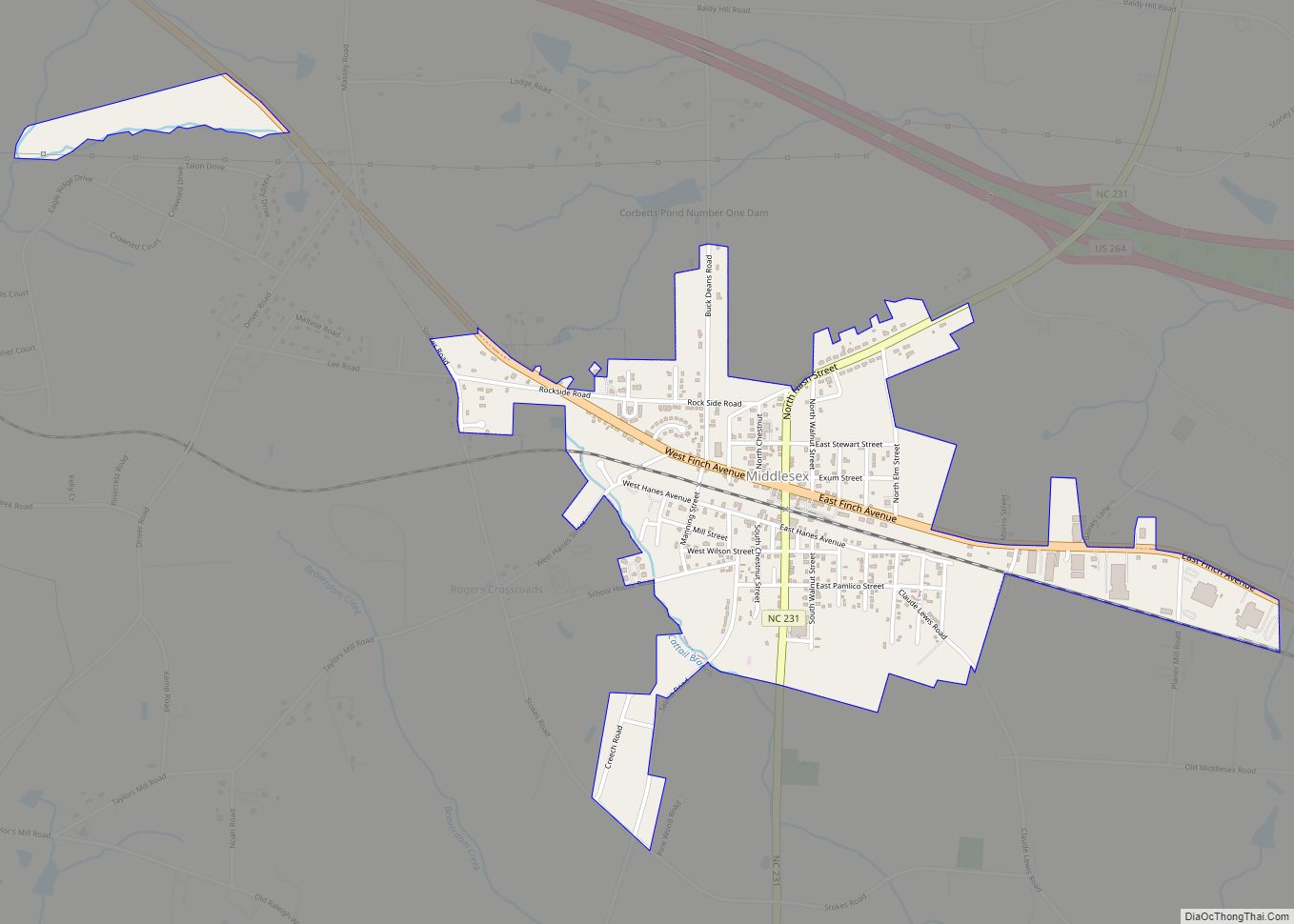 Map of Middlesex town, North Carolina