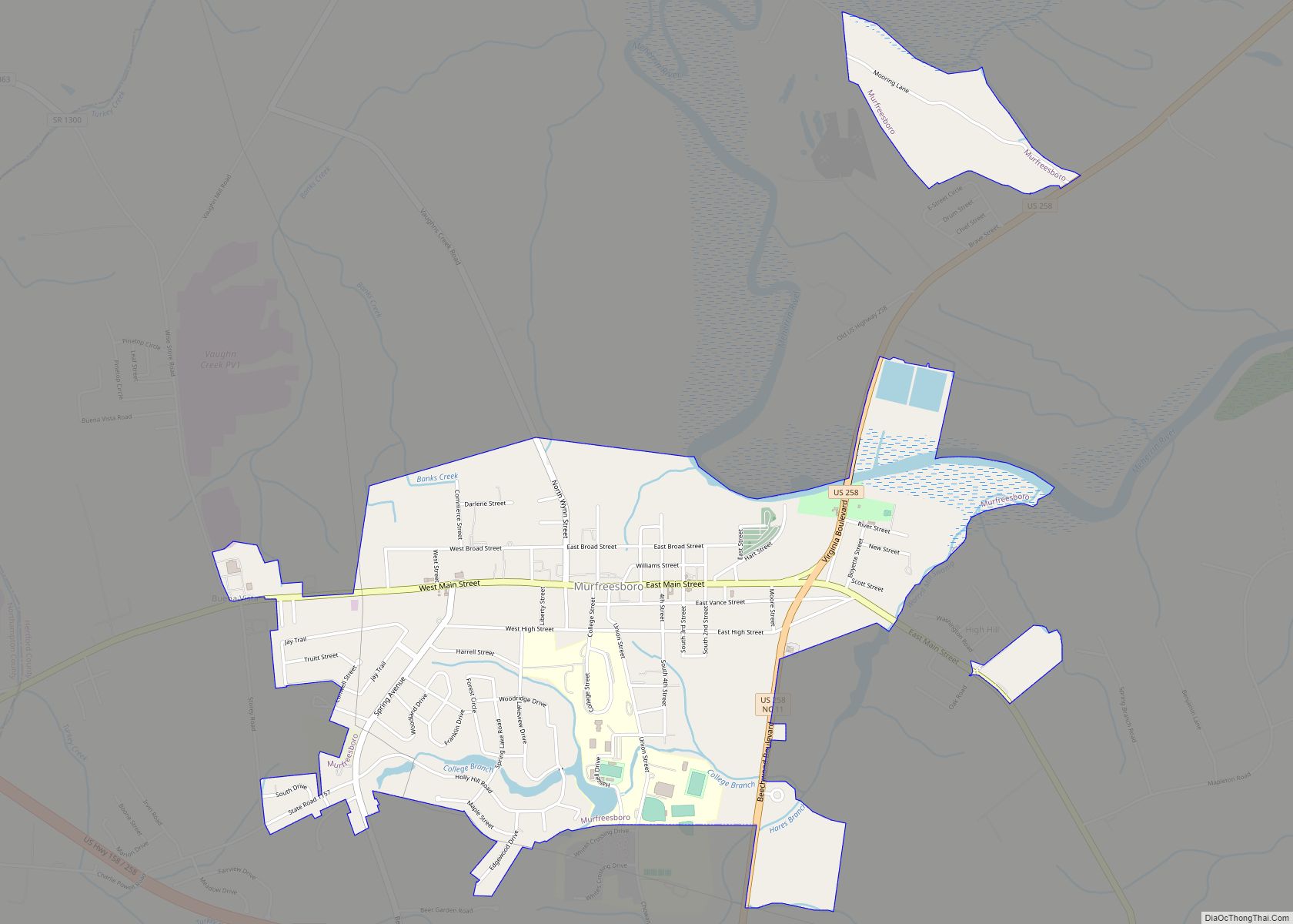 Map of Murfreesboro town, North Carolina