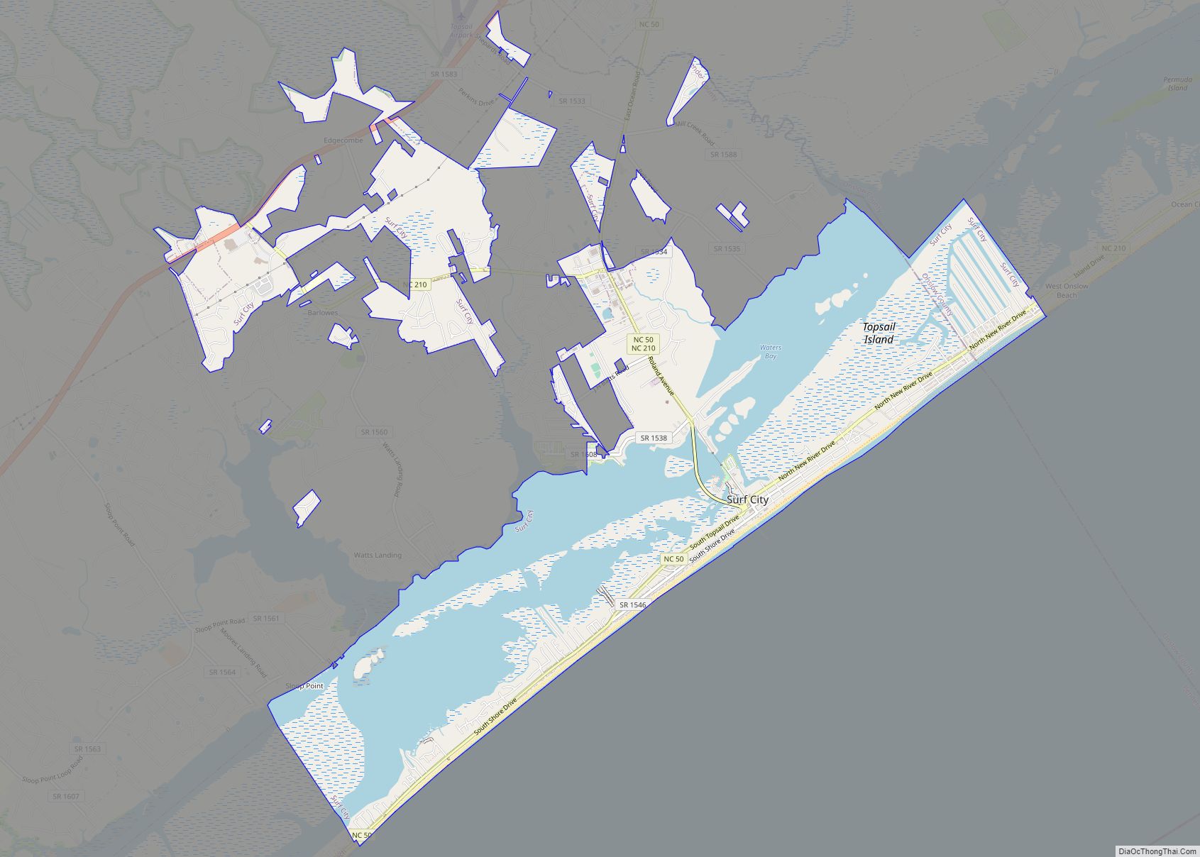 Map of Surf City town, North Carolina