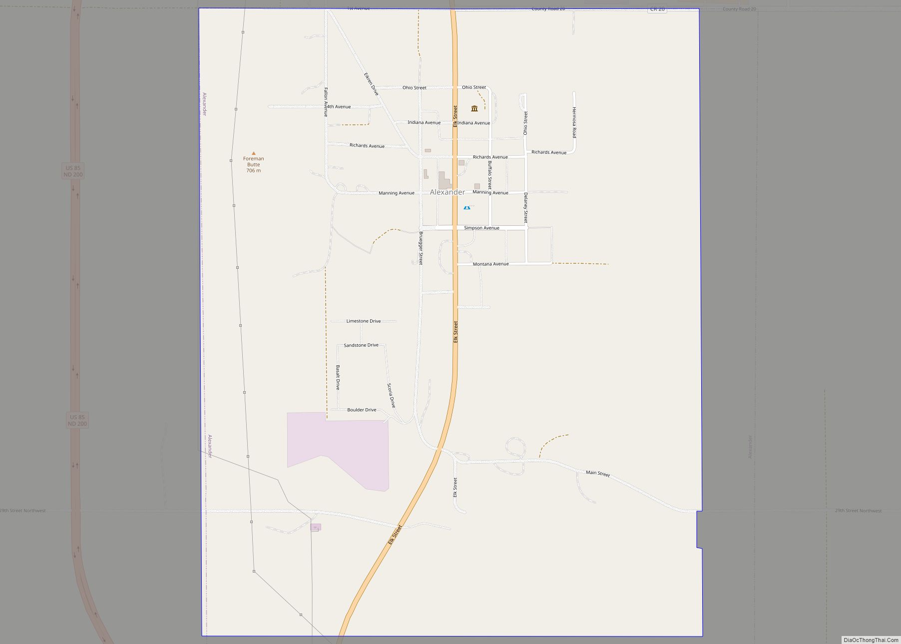 Map of Alexander city, North Dakota