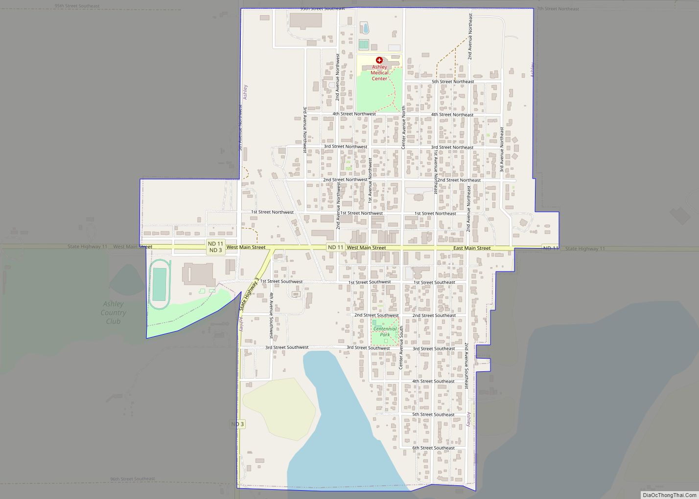 Map of Ashley city, North Dakota