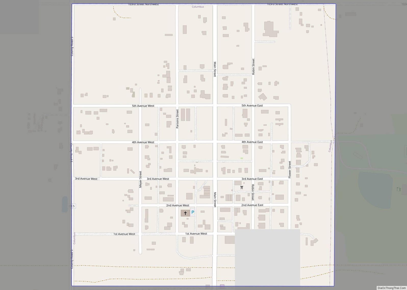 Map of Columbus city, North Dakota