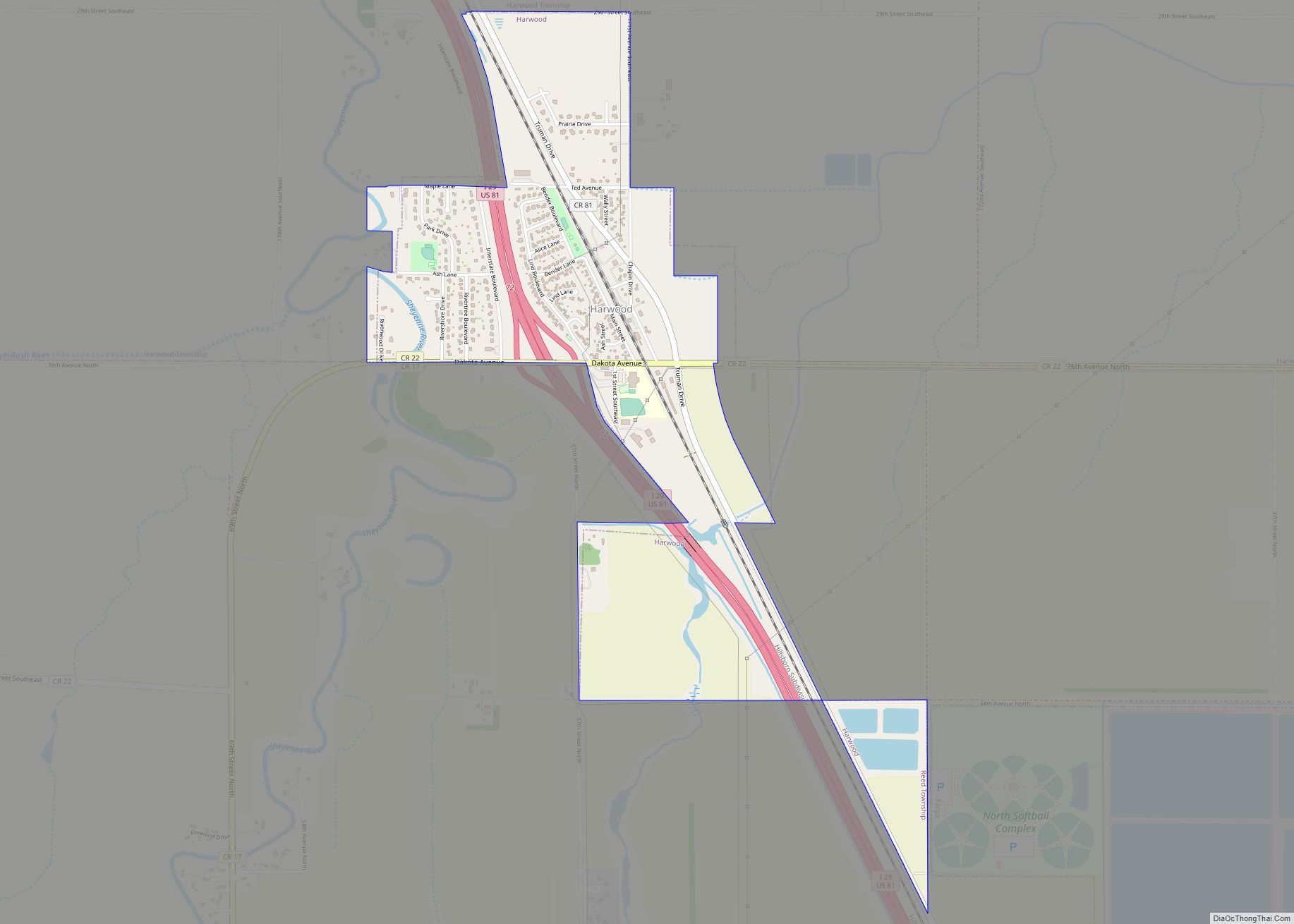 Map of Harwood city, North Dakota