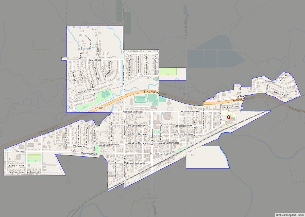 Map of Hazen city, North Dakota