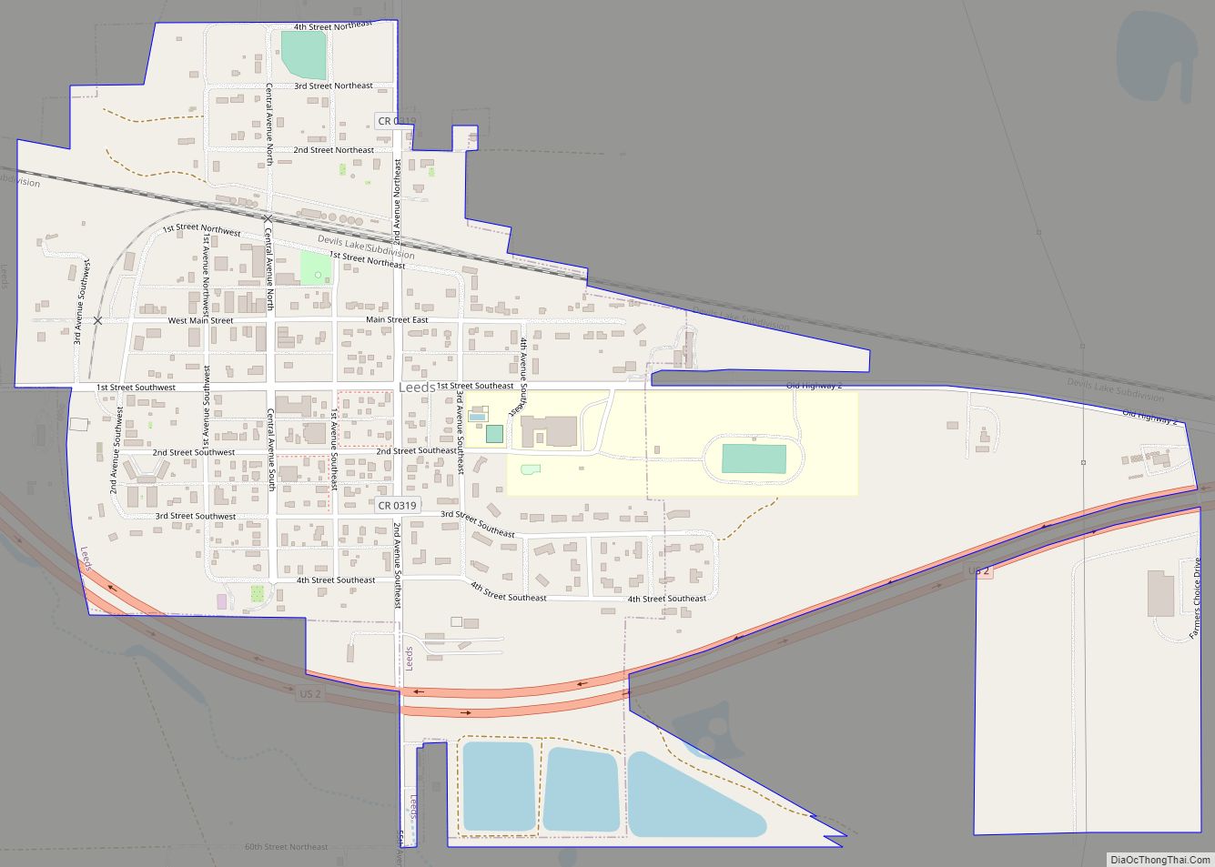 Map of Leeds city, North Dakota