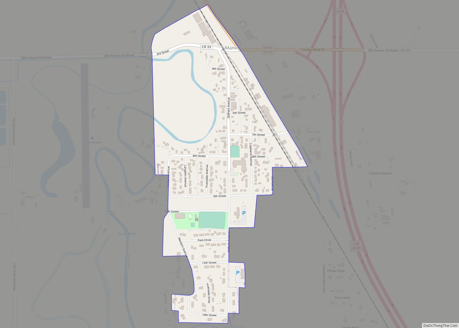 Map of Manvel city, North Dakota