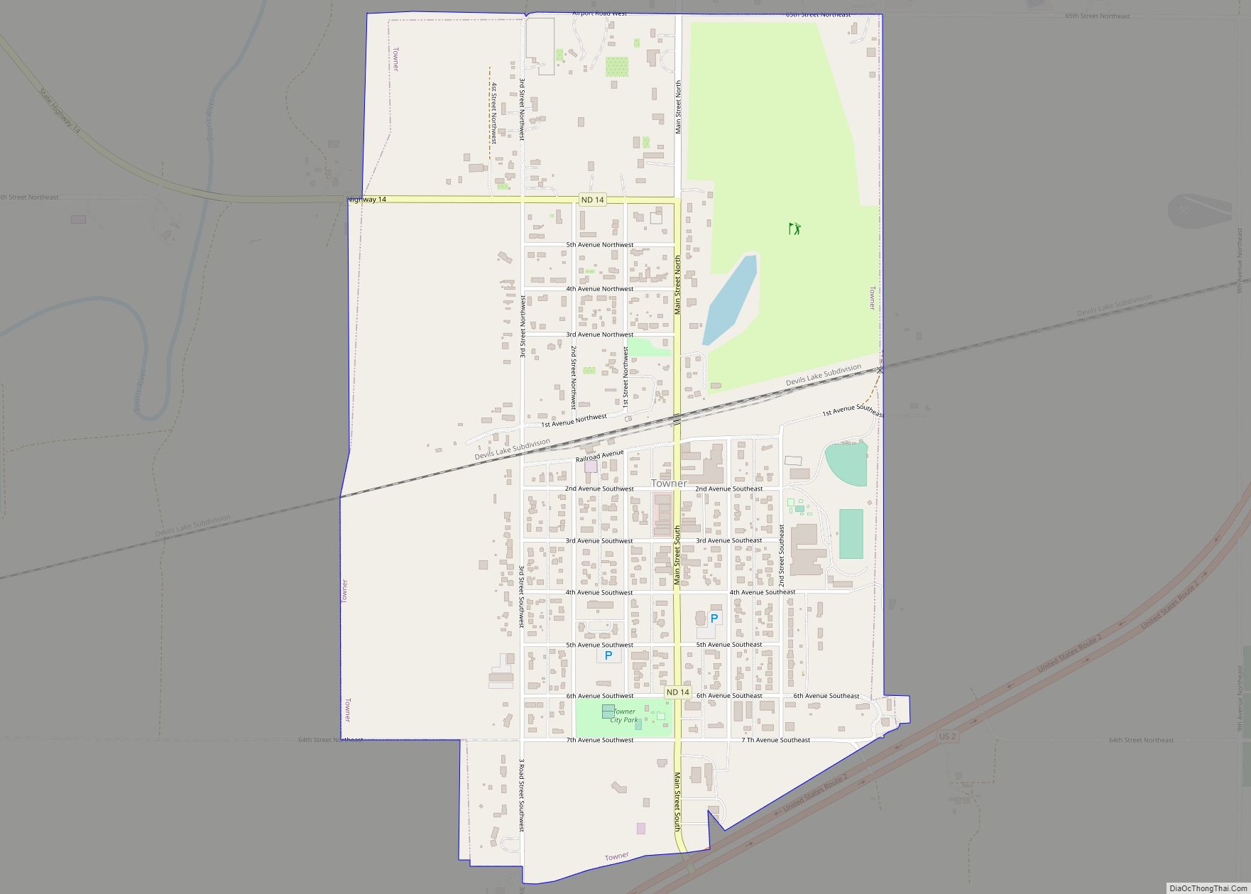 Map of Towner city, North Dakota