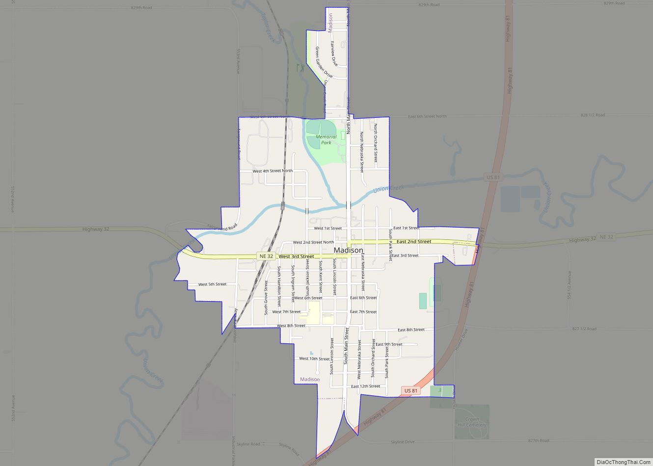 Map of Madison city, Nebraska
