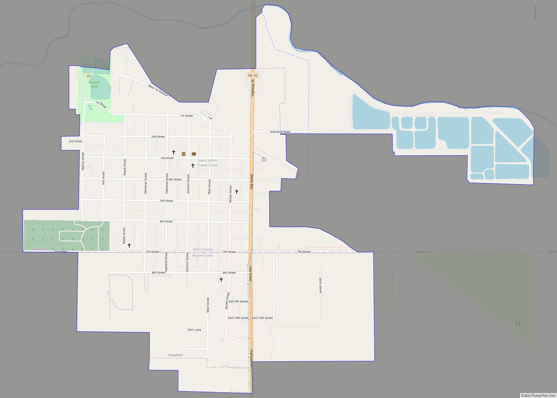 Map of Wakefield city, Nebraska