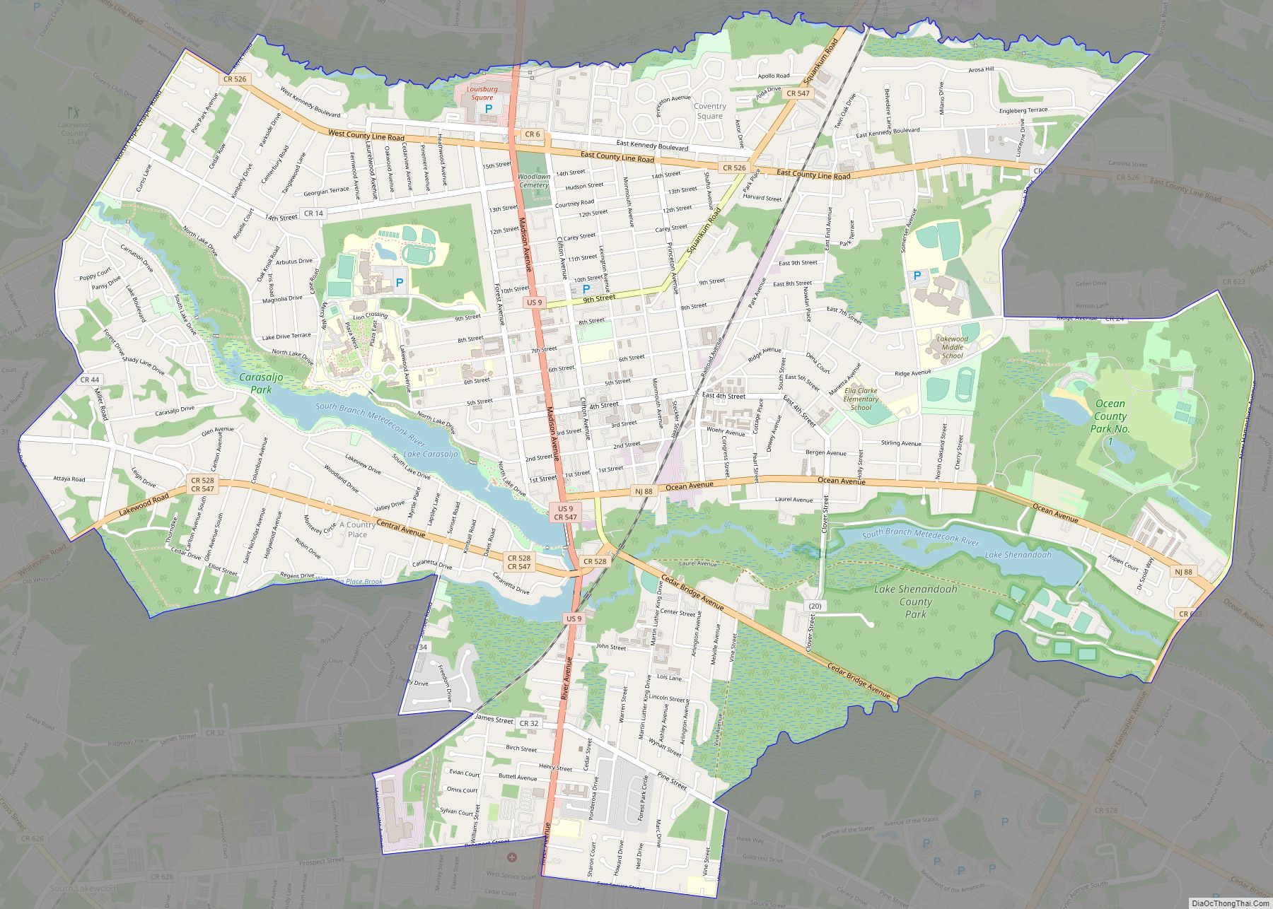 Map of Lakewood CDP, New Jersey