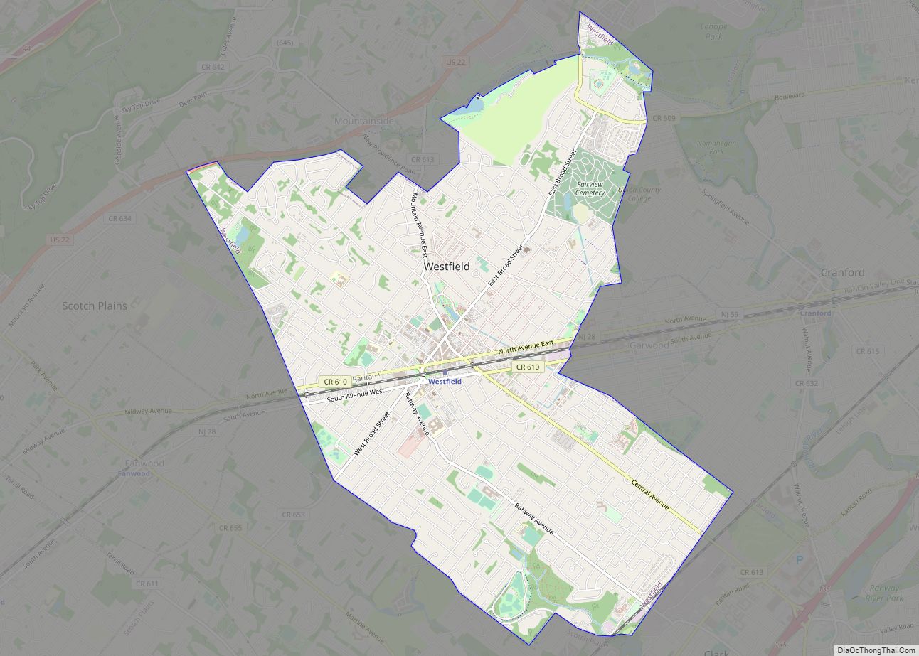 Map of Westfield town, New Jersey