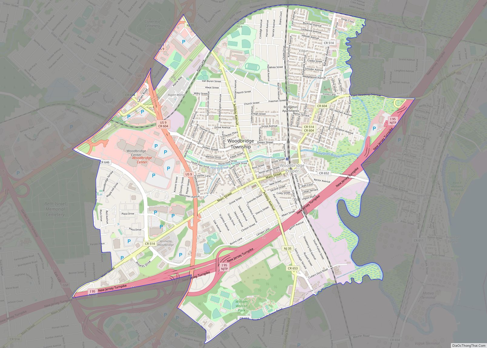 Map of Woodbridge CDP, New Jersey