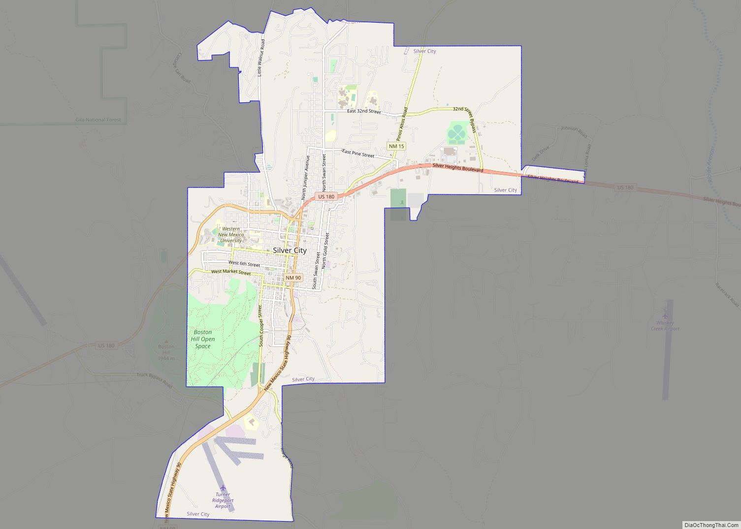Map of Silver City town, New Mexico