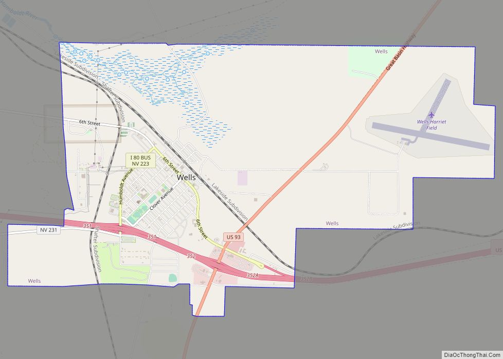 Map of Wells city, Nevada