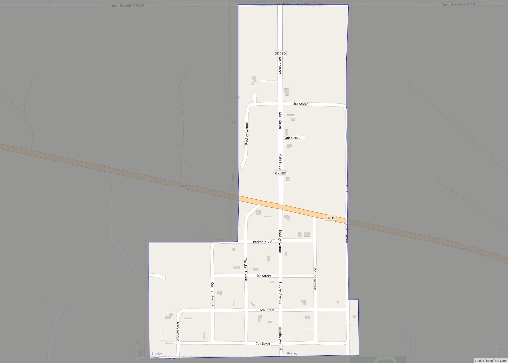 Map of Bradley town, Oklahoma