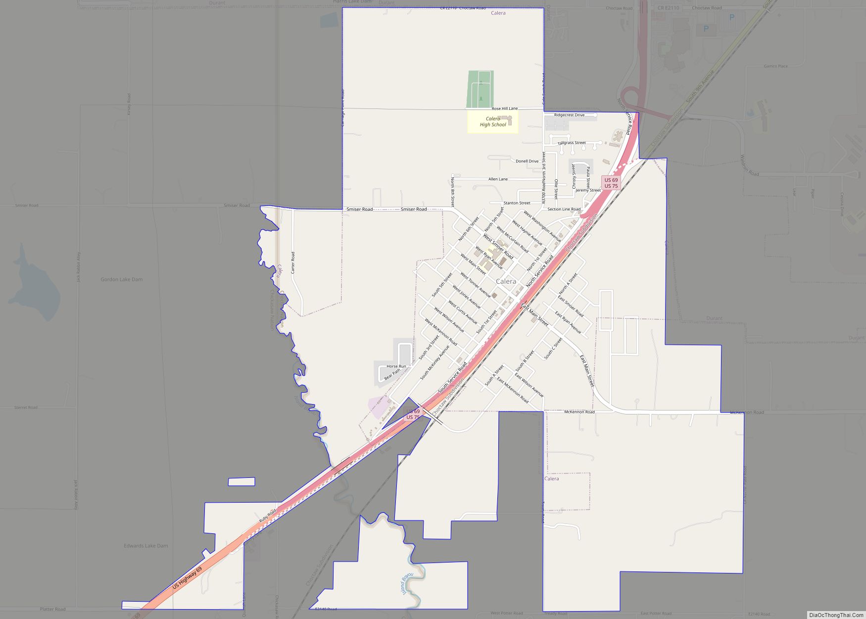 Map of Calera town, Oklahoma