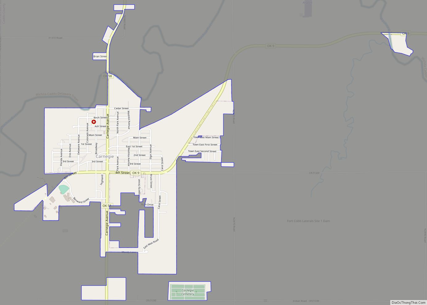 Map of Carnegie town, Oklahoma