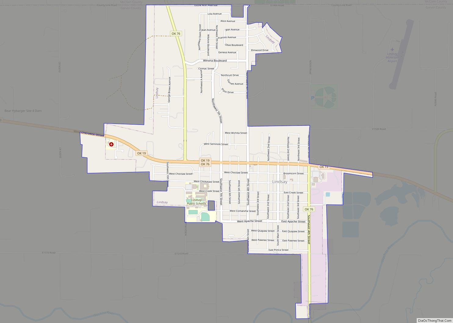 Map of Lindsay city, Oklahoma