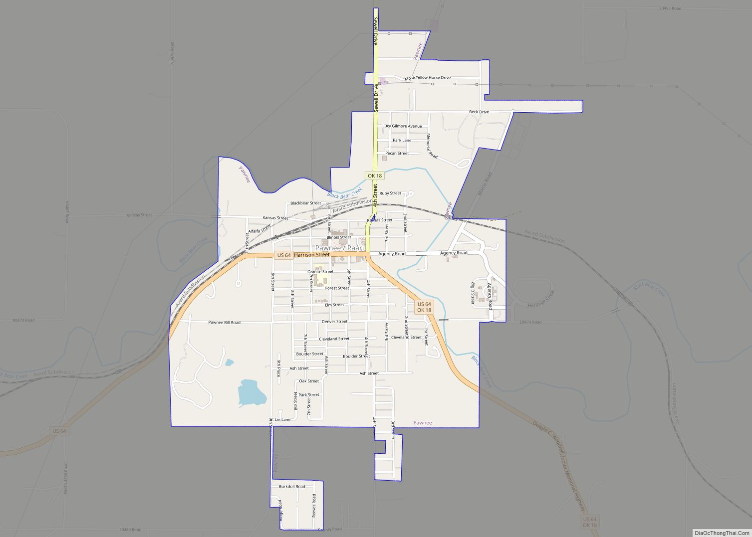 Map of Pawnee city, Oklahoma