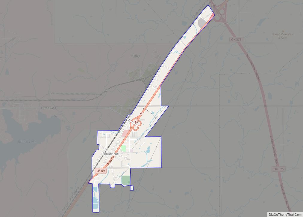 Map of Savanna town, Oklahoma