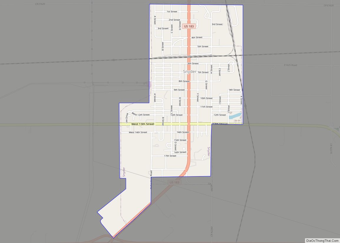 Map of Snyder city, Oklahoma