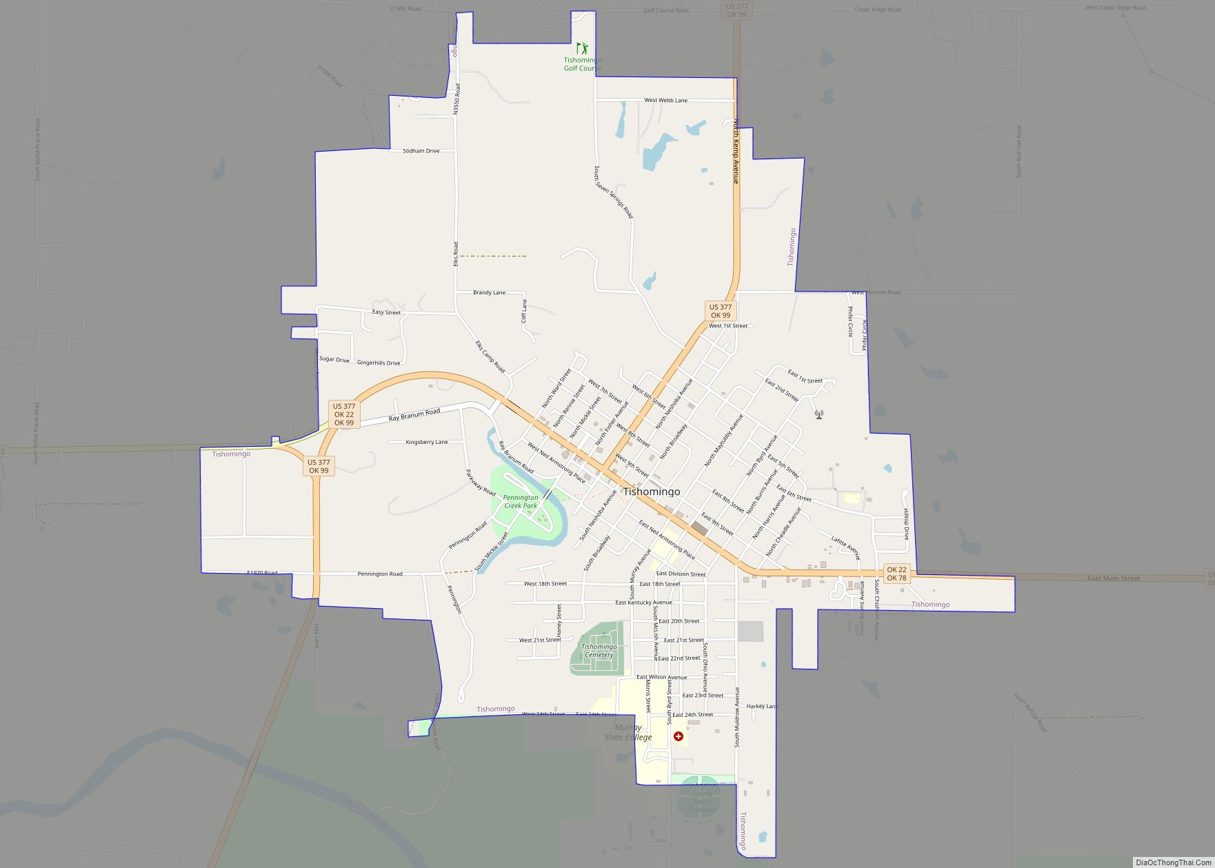 Map of Tishomingo city, Oklahoma